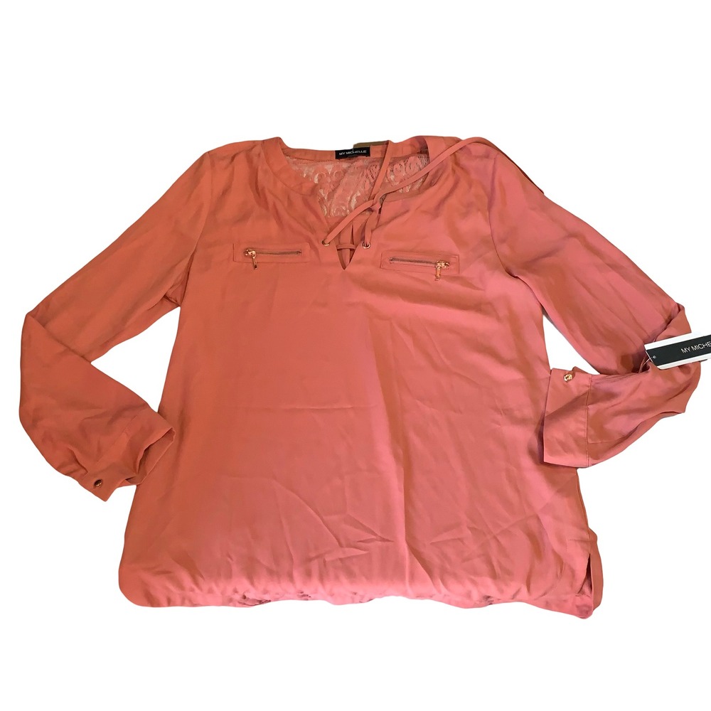 My Michelle Coral Lace Back Lace-Up V-Neck Blouse XL NWT Rose Gold Zipper Top